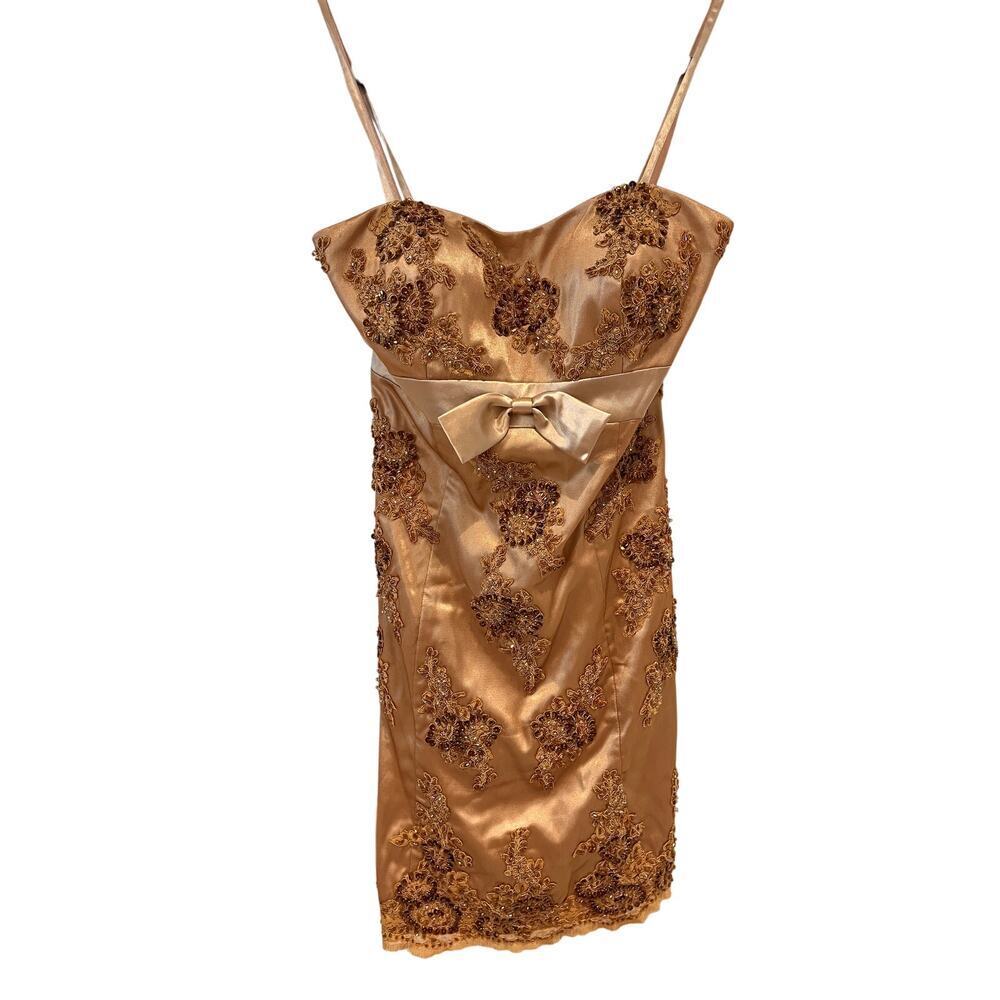 Scala Gold Satin Mini Dress with Embroidered Appliqué and Bow